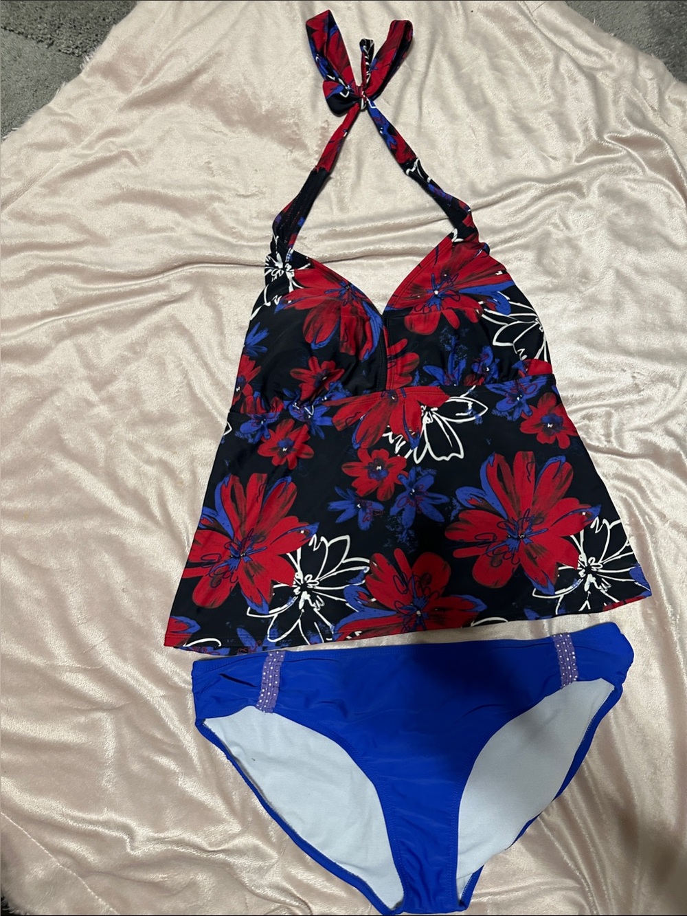 Catalina Red & Blue Floral Halter Tankini with Royal Blue Bikini Bottoms